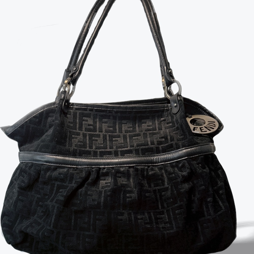 Fendi Zucca Chef Large Suede Tote Bag Vintage Black FF Monogram Shoulder Purse